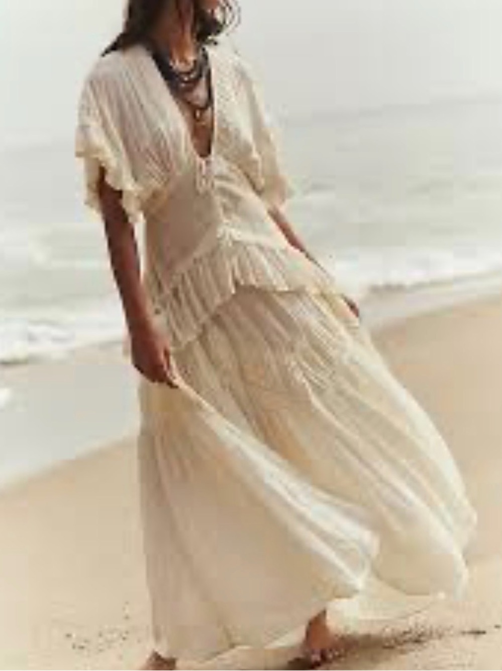 Free People Cream Boho V-Neck Tiered Maxi Dress